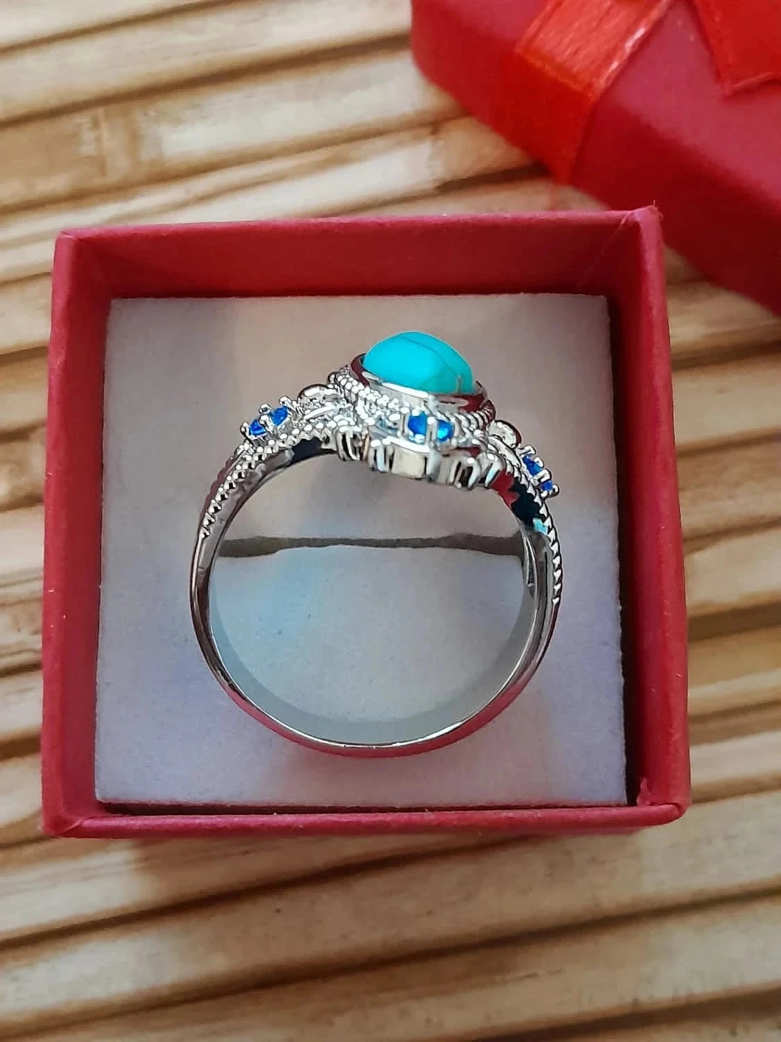 Anillo plateado, Piedra turquesa, estilo Bohème con strass, Tamaño 60 – photo 3